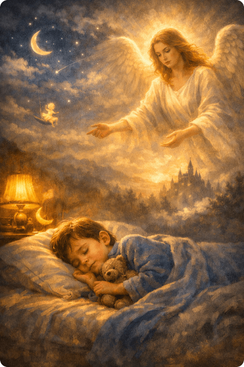 A peaceful scene depicting a sleeping boy in bed, cuddling a teddy bear, with a gentle angel watching over him from above, surrounded by stars and a crescent moon.